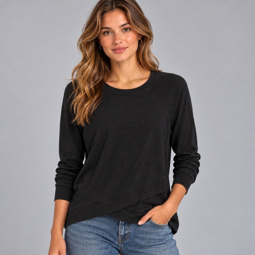 Athleta Black Tulip Hem Crossover Raglan Sweatshirt Tall Size ST